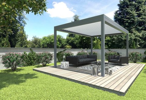 Pergola bioclimatique confort en aluminium gris, indépendante dans le jardin - Réalisation Rénoval 49