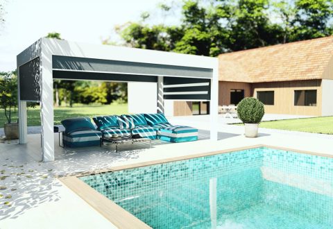 Pergola bioclimatique prestige luxe en bord de piscine avec store zip intégral