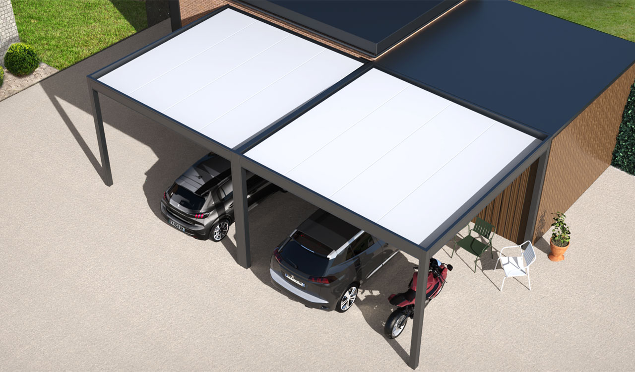 Carport double aluminium adossé Rénoval pour protéger votre voiture